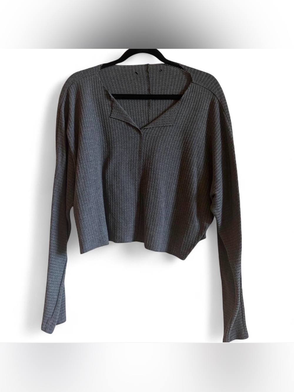 Forever 21 Dark Gray Waffle Knit Long Sleeve Cropped Top